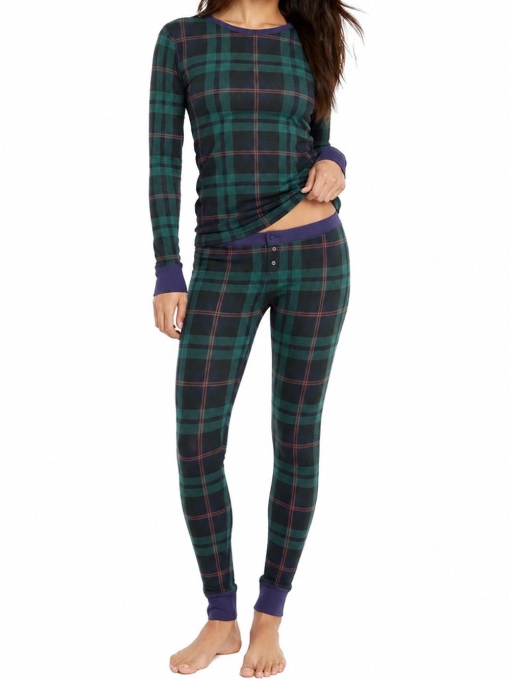Old Navy Green Plaid Thermal Pajama Set Women’s S Holiday Waffle Knit